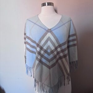 Plaid V-Neck Fringe Sweater Poncho